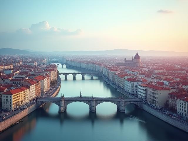 Vue panoramique de Lyon avec une cuisine high-tech en superposition pour refléter l'origine et innovation